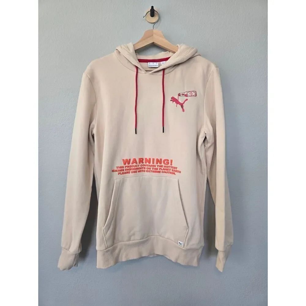 Puma Graphic Hoodie Men’s Small Beige Streetwear Warning Logo Pullover Spicy